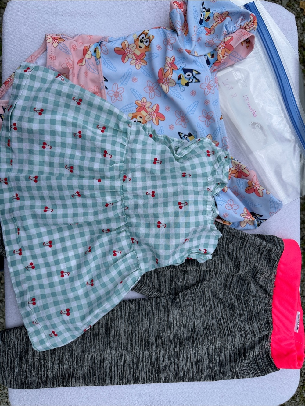 Green Cherry Print Sundress, bluey swimsuit, and pants(lot8)